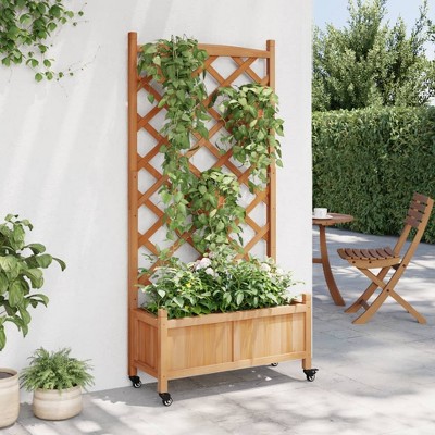 Brown Solid Fir Wood Planter with Trellis and Wheels