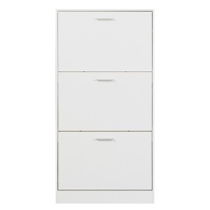 Vynxaria Modern Shoe Cabinet: 3 Hidden Drawers, Slender Design for Corridor, Bedroom, or Living Room, Freestanding Wooden Rack in White. - 1 of 4