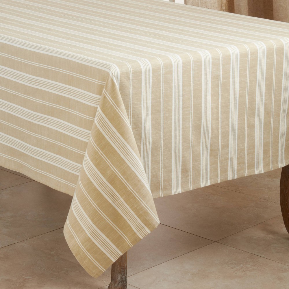 Photos - Tablecloth / Napkin 70" Cotton Striped Design Tablecloth Beige - Saro Lifestyle