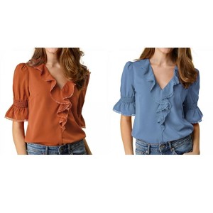 Allegra K Women's Ruffle V Neck Puff Sleeve Summer Casual Chiffon Peasant Top 2 Packs - 1 of 4