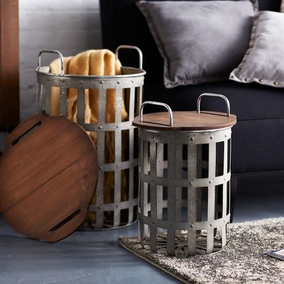 Galvanized Wood-Top Metal Drum Side Tables, Set of 2