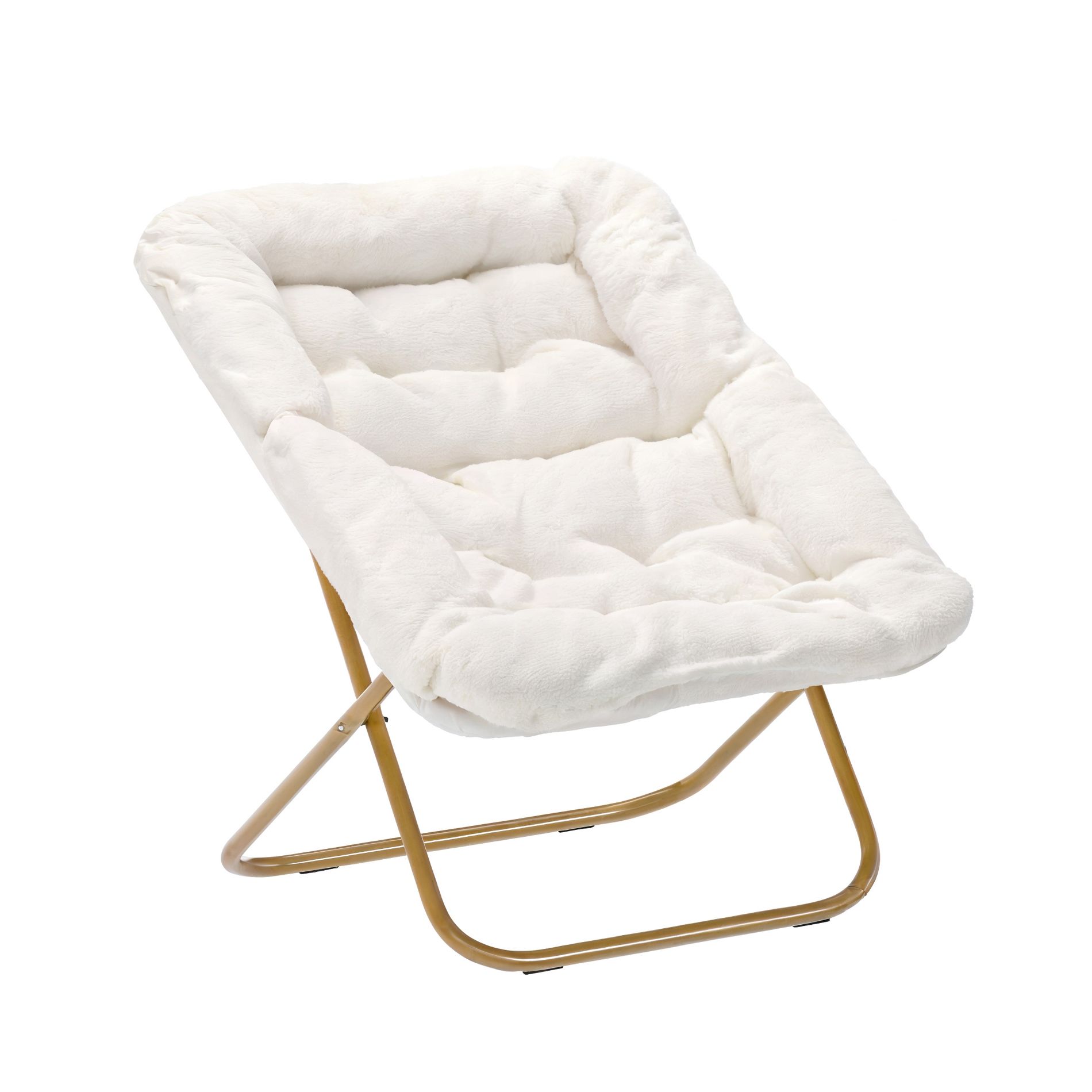 Emma and Oliver Oversized Faux Fur Folding Saucer Chair for Dorm, Bedroom, Ivory Faux Shearling/Soft Gold Frame