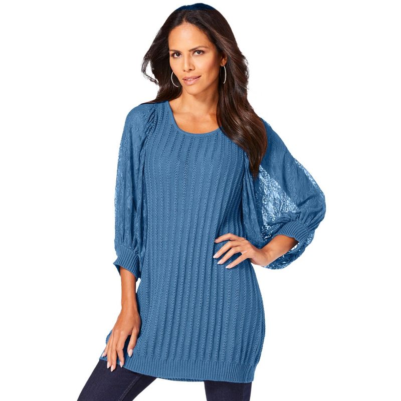 Roaman's Women's Plus Size Lace Sleeve Sweater, 1 of 2