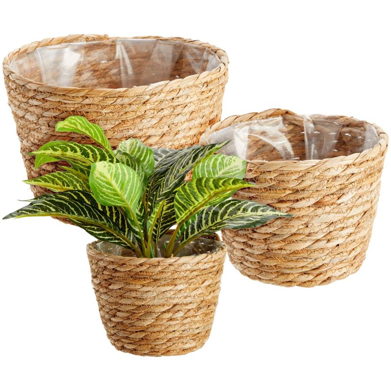 Juvale 3 Piece Seagrass Planter Pots Set with Plastic Lining, 3 Woven Baskets for Indoor & Outdoor Plants, 3 Sizes, 1 of 9