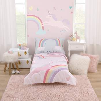 Carter's Rainbow Unicorn Pink, Purple, and Aqua Dream Big 4 Piece Toddler Bed Set
