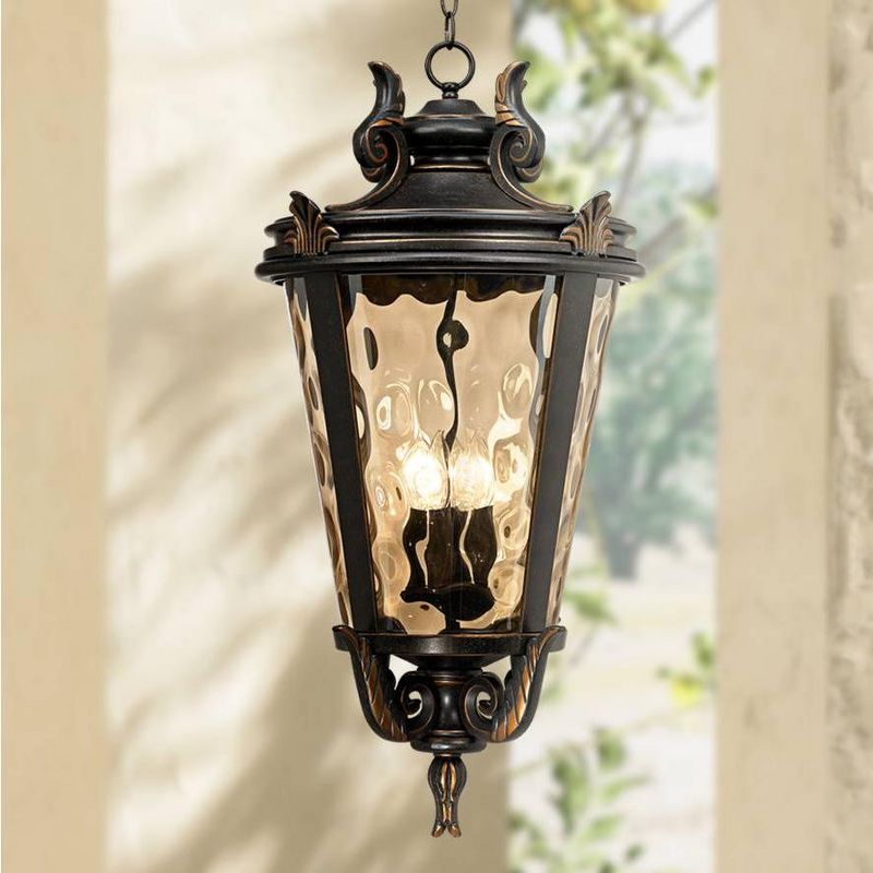 John Timberland Casa Marseille Vintage Rustic Outdoor Hanging Light Veranda Bronze 30" Champagne Hammered Glass Damp Rated for Post Exterior Barn, 2 of 9