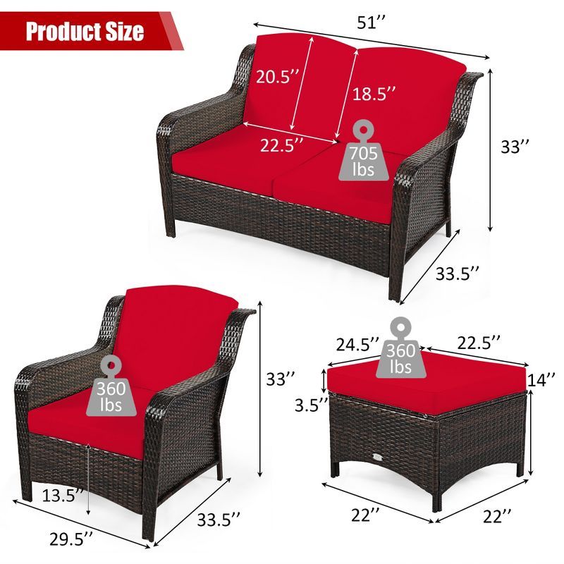Costway 5PCS Patio Rattan Furniture Set Loveseat Sofa Ottoman W/Red\White Cushion, 4 of 11