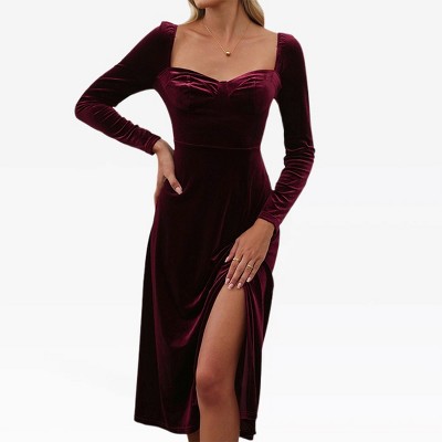 Womens Velvet Dress Sweetheart Neck Thigh Slit Slim Fit Midi Dress Velvet Christmas Dress High Waist Long Sleeve A Line Bustier Dress