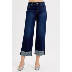 I am a Fashion Junky RISEN Full Size Mid Rise Fit Crop Wide With Printed Cuff Jeans Plus Size - 1 of 4