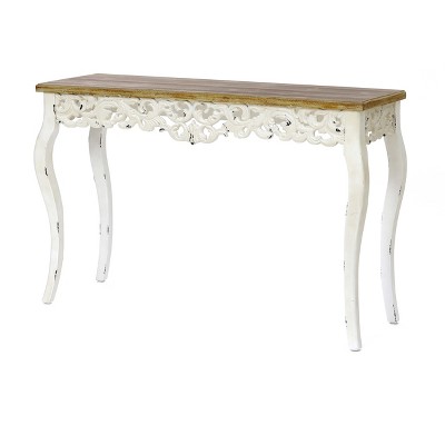 Victorian Off-White and Natural Wood Console Table with Storage