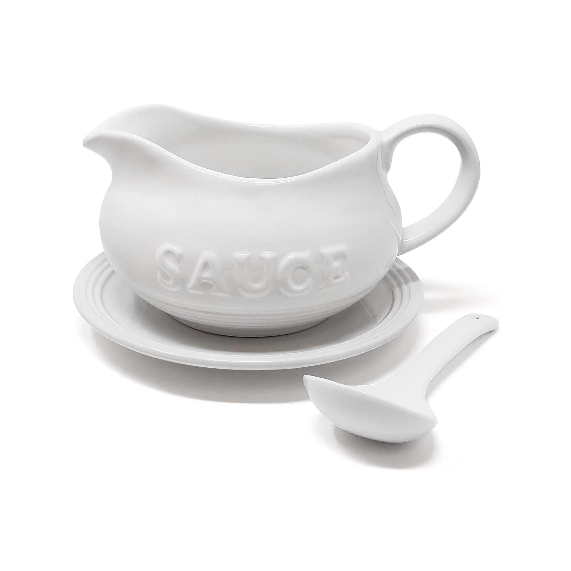 KOVOT 24 Oz Gravy Boat, Tray and Ladle Set - Perfect for Gravies, Sauces, and Dressings - White Elegant Ceramic with The Word "Sauce" On It