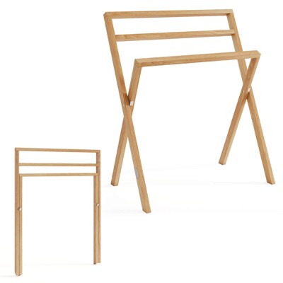 Costway Freestanding Towel Rack Foldable Teak Wood Blanket Holder with 3 Hanging Crossbars