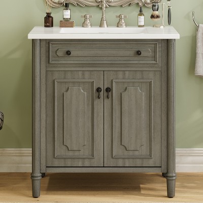 Vynxaria 31" Vintage Bathroom Vanity with Integrated Ceramic Sink, Antique Gray Finish, Soft-Close Doors, Adjustable Shelves
