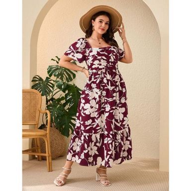 Coolmee Women Plus Size Boho Floral Smocked Square Neck Short Sleeve Ruffle  A Line Maxi Dress Wine Red Floral 5XL : Target