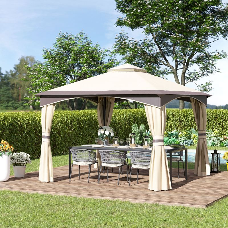 Outsunny 10' x 10' Outdoor Gazebo with Mesh Sidewalls Patio Canopy with 2-Tier Soft Top Roof and Steel Frame for Lawn, Garden, Backyard and Deck, 2 of 9
