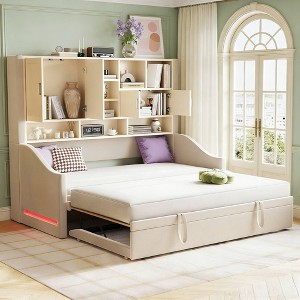 Luxystar Twin Size Upholstered Daybed with Storage Shelves, Cabinets, LED Lights and Pull-Out Lift-Up Trundle - 1 of 4