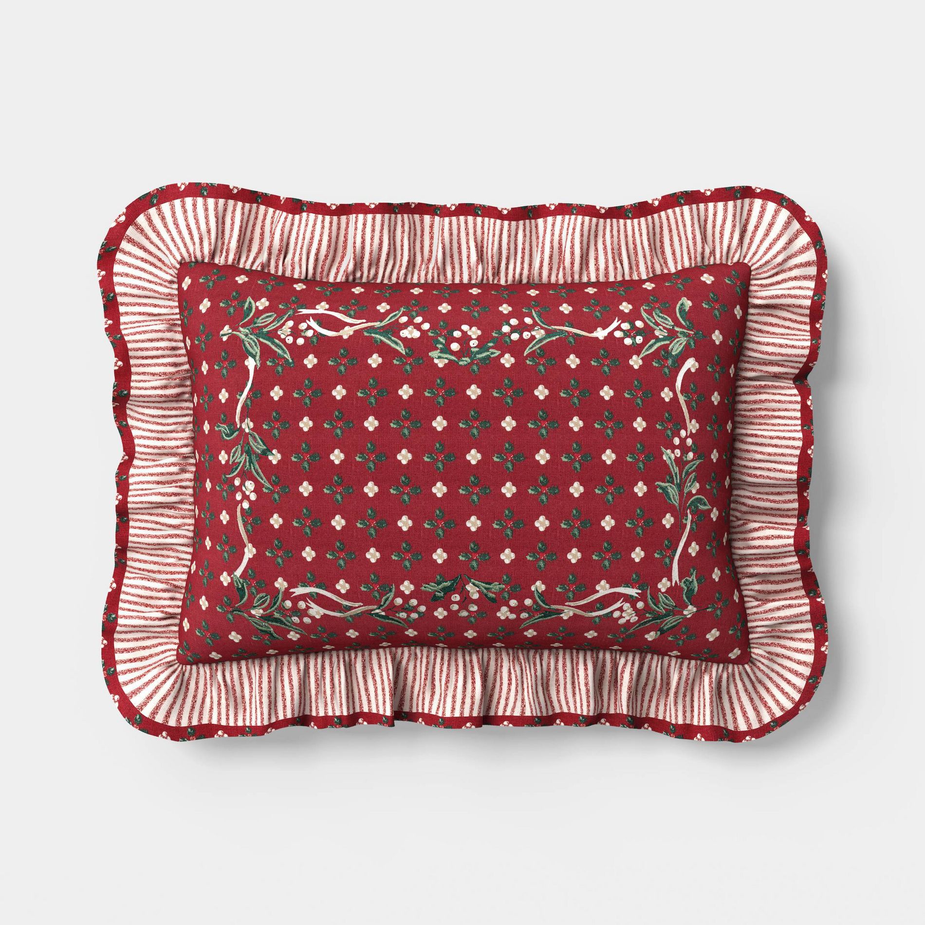 Holiday Floral Block Print with Stripe Ruffle Pillow Dark Red - Threshold™