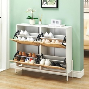 GustoWave 4-Door Freestanding Rattan Shoe Cabinet Organizer with Adjustable Shelves - 1 of 4