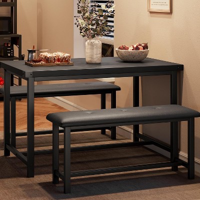 Dining Table Set for 4, Kitchen Table with 2 Upholstered Benches, Wood Kitchen Dining Room Set, for Small Space, Apartment, Dinner, Retro Black