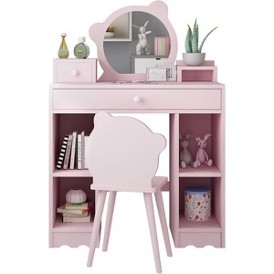 Kids Pink Vanity Set, Little Girl Makeup Vanity Table with a Bear-Shape Chair, Cute Mirror, 3 Drawers and 4 Open Cabinets - 1 of 4