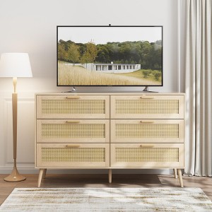 QingMoon Rattan 6 Drawers Chest of Dressers, Wide and Large Storage Cabinet with Wood Handles, for Living Room, Bedroom, Hallway - 1 of 4