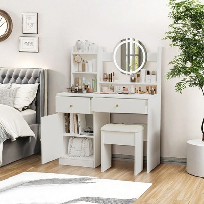 NicBex Vanity Desk with Mirror and Lights Makeup Vanity with 3 Color Adjustable Lighting and Cushioned Chair for Bedroom, White