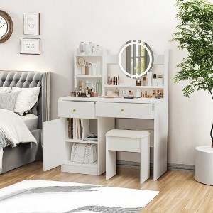 NicBex Vanity Desk with Mirror and Lights Makeup Vanity with 3 Color Adjustable Lighting and Cushioned Chair for Bedroom, White - 1 of 4