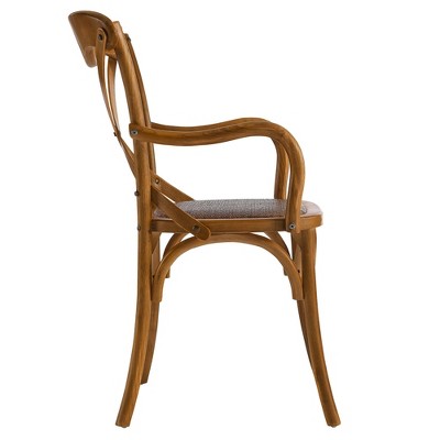 Farmhouse Walnut Wood Upholstered Arm Chair with Cross Back