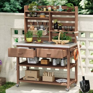 Nestfair Potting Bench with Stainless Steel Top 2 Drawers and Lockable Wheels Brown - 1 of 4
