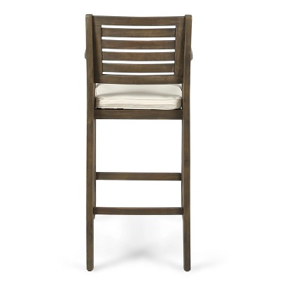 Hermosa Gray Acacia Wood Outdoor Barstools with Cream Cushions, Set of 4