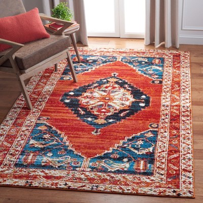 Vintage Red and Navy Rectangular Synthetic Area Rug