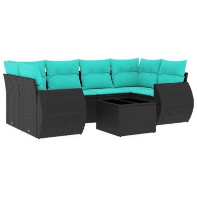 vidaXL Patio Sofa Set with Cushions Outdoor Furniture 7 Piece Poly Rattan - Black and Blue
