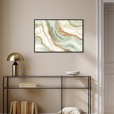 Green and Gold Abstract Canvas Wall Art with Black Frame, 31" x 21"