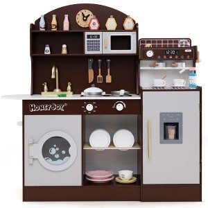 Honeyjoy Kids Kitchen Set Wooden Kitchen Playset with Clock, Microwave, Sink, Dish Rack White/Pink/Brown - 1 of 4