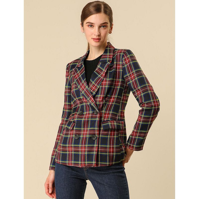 Allegra K Women's Casual Fit Notched Lapel Double Breasted Plaid Formal Blazer, 5 of 8