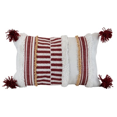 Red Striped Hand Woven 14x22" Outdoor Decorative Throw Pillow with Hand Tied Tassels - Foreside Home & Garden