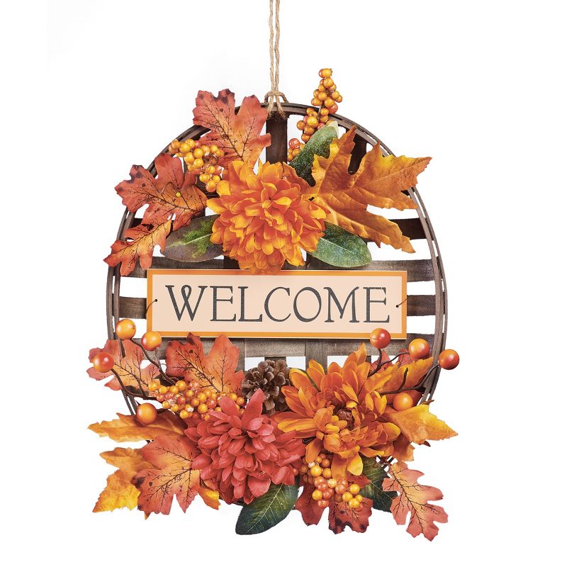 Collections Etc Autumn Floral Welcome Wooden Basket Wall Décor 13" x 3.5" x 16", 1 of 3