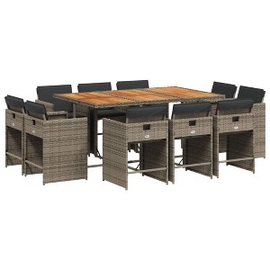 vidaXL 9 Piece Patio Dining Set with Cushions Poly Rattan - Gray Wood 8 Chairs - 1 of 4