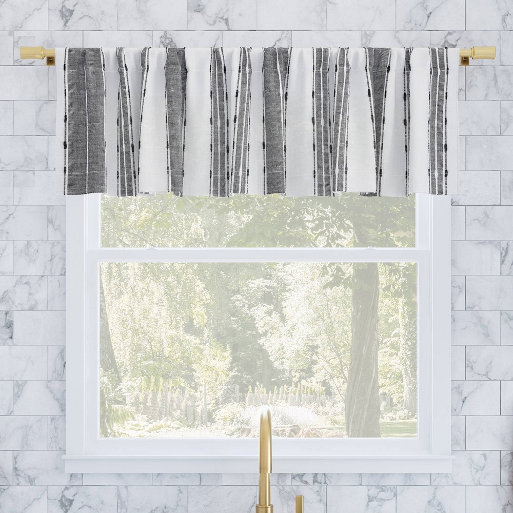52"x14" Archaeo Slub Textured Striped Cotton Cafe Curtain Valance Black/White: Window Valance, Kitchen Rod Pocket