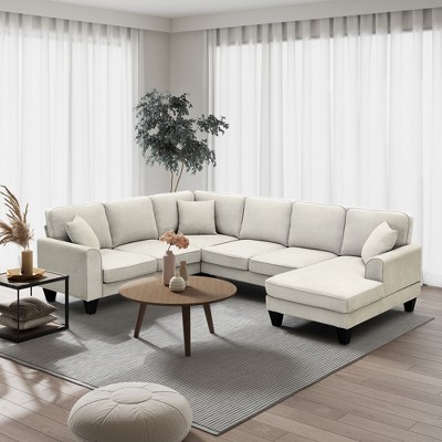 Image of 108" U-Shape Upholstered Sectional Sofa Set with 3 Pillows, Beige-ModernLuxe