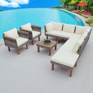 9-Piece Outdoor Patio Furniture Set with PE Wicker, Acacia Wood, Removable Cushions & Pillows, Multi-Functional Modular Sofa - 1 of 4