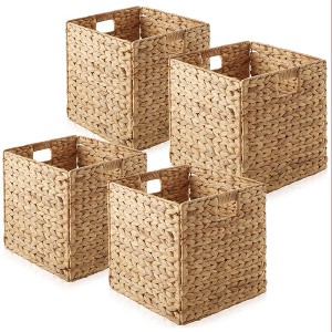Casafield 12" x 12" Water Hyacinth Storage Baskets - Set of 2 Collapsible Cubes, Woven Bin Organizers for Bathroom, Bedroom, Laundry, Pantry, Shelves - 1 of 4