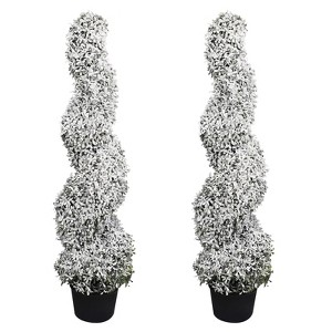 poetree 3 ft./4 ft. Artificial Flocked Boxwood Spiral Topiary Trees with Planters for Outdoor & Indoor Christmas Decor, 2-Pack - 1 of 4