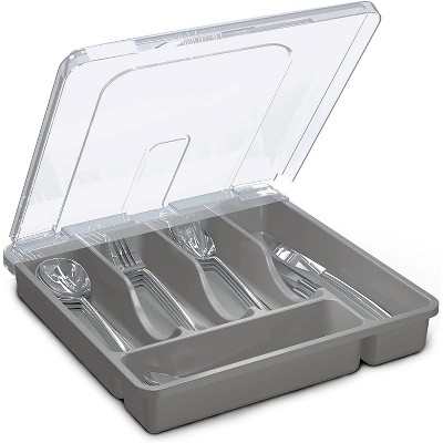LunaLulinlk Plastic Silverware Tray for Drawer Organizer, 5 Compartments Flatware Organizer with Lid Tableware Storage Cutlery Utensil Holder