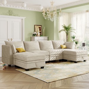 115.1" Modern Large U-Shape Modular Sectional Sofa with Reversible Ottoman & Storage Seat, Convertible to Bed - 1 of 4