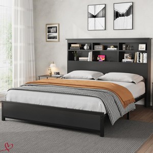 Full Size/Queen Size/King Size Bed Frame with Bookcase Headboard, Tall Wooden Bed Headboard Frame with Type-c & USB Charging Station - 1 of 4