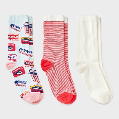 Women's Sardines 3pk Crew Socks - A New Day™ Aqua/Ivory/Red 4-10: Floral Knit, Tagless, Smooth Toe Seams