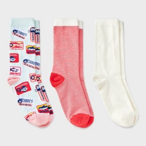 Women's Sardines 3pk Crew Socks - A New Day™ Aqua/Ivory/Red 4-10: Floral Knit, Tagless, Smooth Toe Seams - 1 of 3