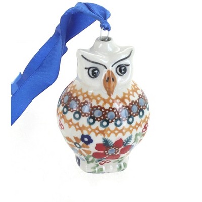 Blue Rose Polish Pottery Red Daisy Owl Ornament