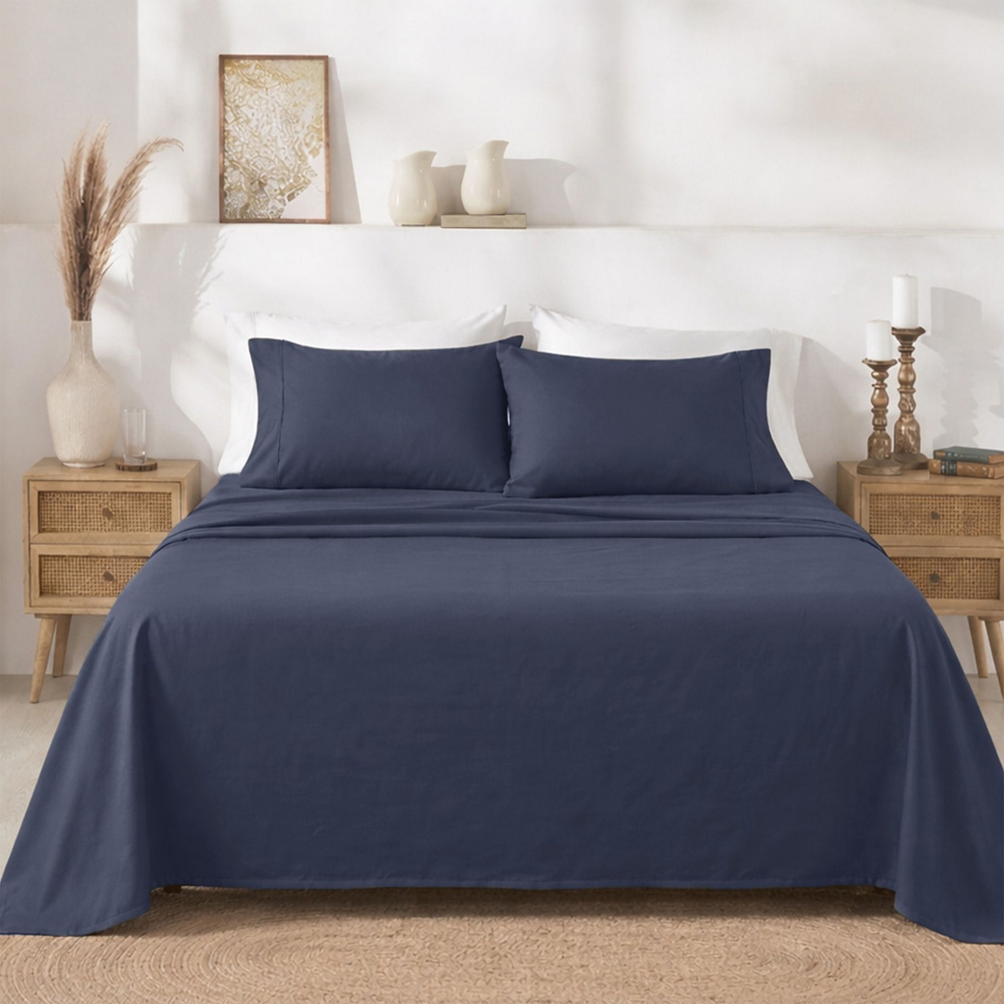Indigo Dusty Blue Queen Sheet Set - 100% Cotton Sheets, 400 Thread Count Sateen Weave, Deep Pocket 4 Piece Soft Bedding - California Design Den
